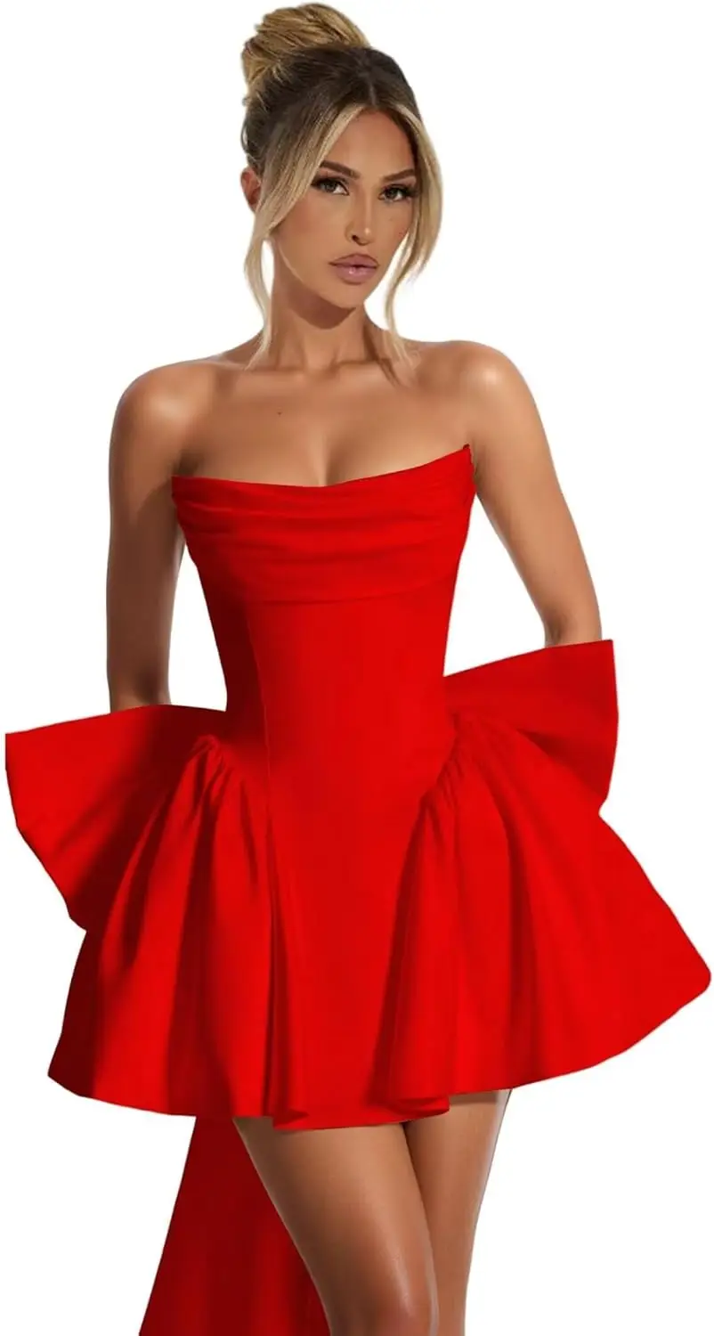 

Strapless Satin Homecoming Dresses with Bow 2025 Cowl Neck Short Corset Mini Cocktail Party Dresses Above Knee , Mini