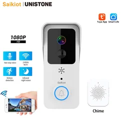 Saikiot-campainha inteligente com vídeo sem fio, 1080p, wi-fi, câmera olho de peixe, áudio bidirecional, detecção de movimento pir, campainha