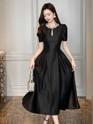 Summer Elegant Pearl O-Neck Gown Evening Dress Women Clothes Casual Retro Puff Sleeve Midi Robe Party Birthday Vestidos Fiesta