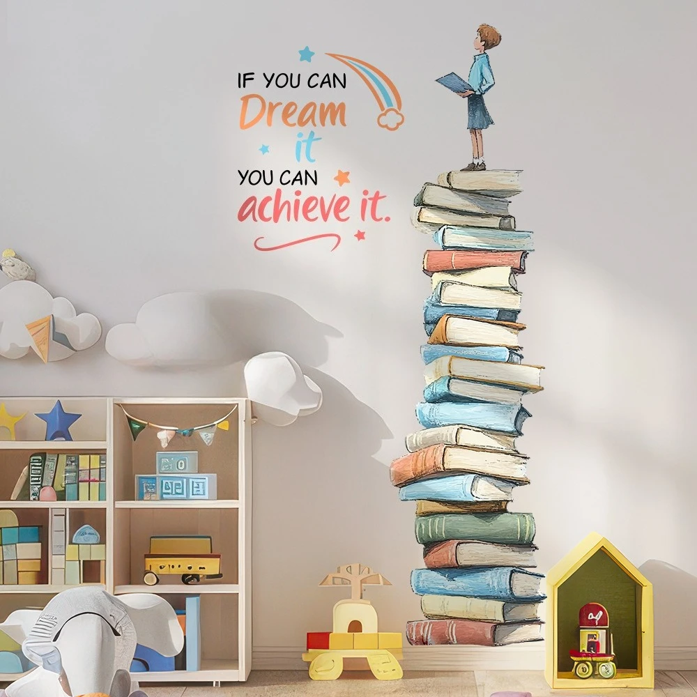 1PC Boys Standing on A Book Wall Sticker English Proverbs Self-adhesive for Bedroom Study Children's Room Nursery Decoration