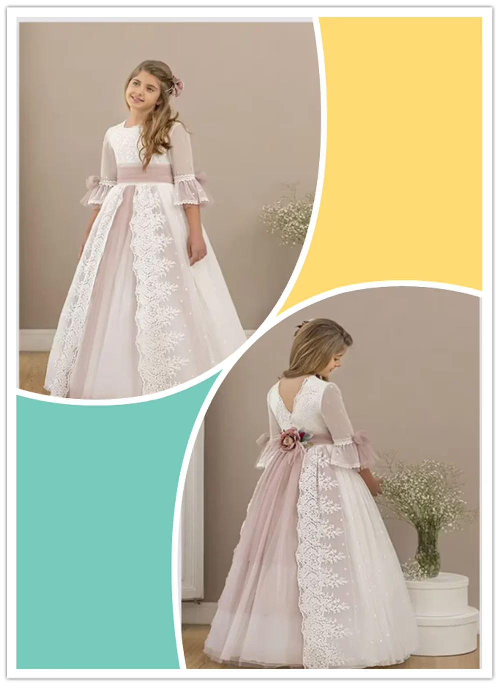

Luxury Appliques Floral Flower Girl Dress Lace Flowers Princess Kids Wedding 1st Birthday Pageant Party Gown