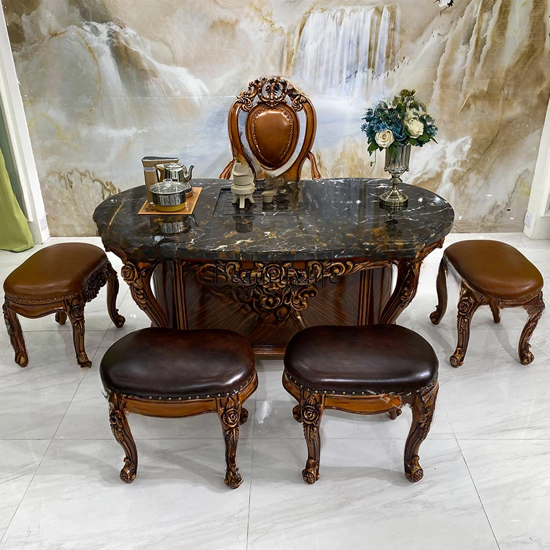 European-Style Solid Wood Tea Taiyang Tea Table and Chair Combination Marble Tea and Boiling Water