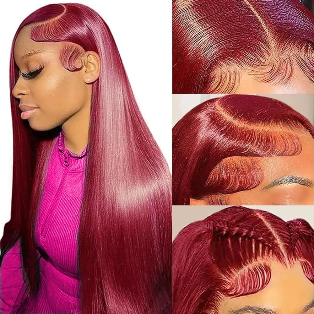 

28 Inch 99J Lace Front Wigs Human Hair Wine Red Colored Straight 13x4 HD Lace Frontal Wigs Human Hair Pre Plucked with Baby Hair
