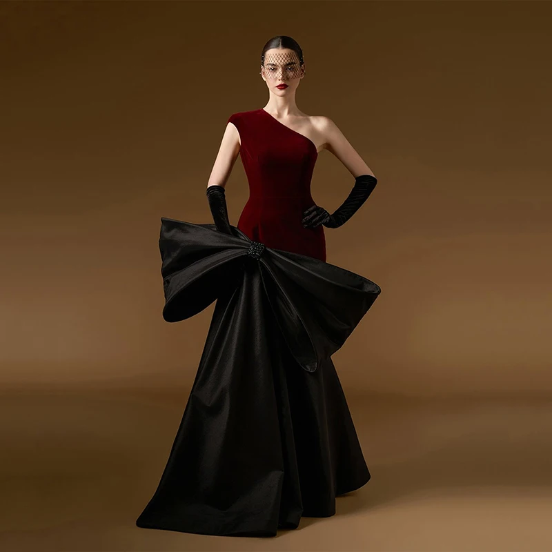 

Thinyfull Formal Mermaid Prom Evening Dresses One Shoulder Sleeveless Bow Black Party Dress Night Cocktail Prom Gowns Customized