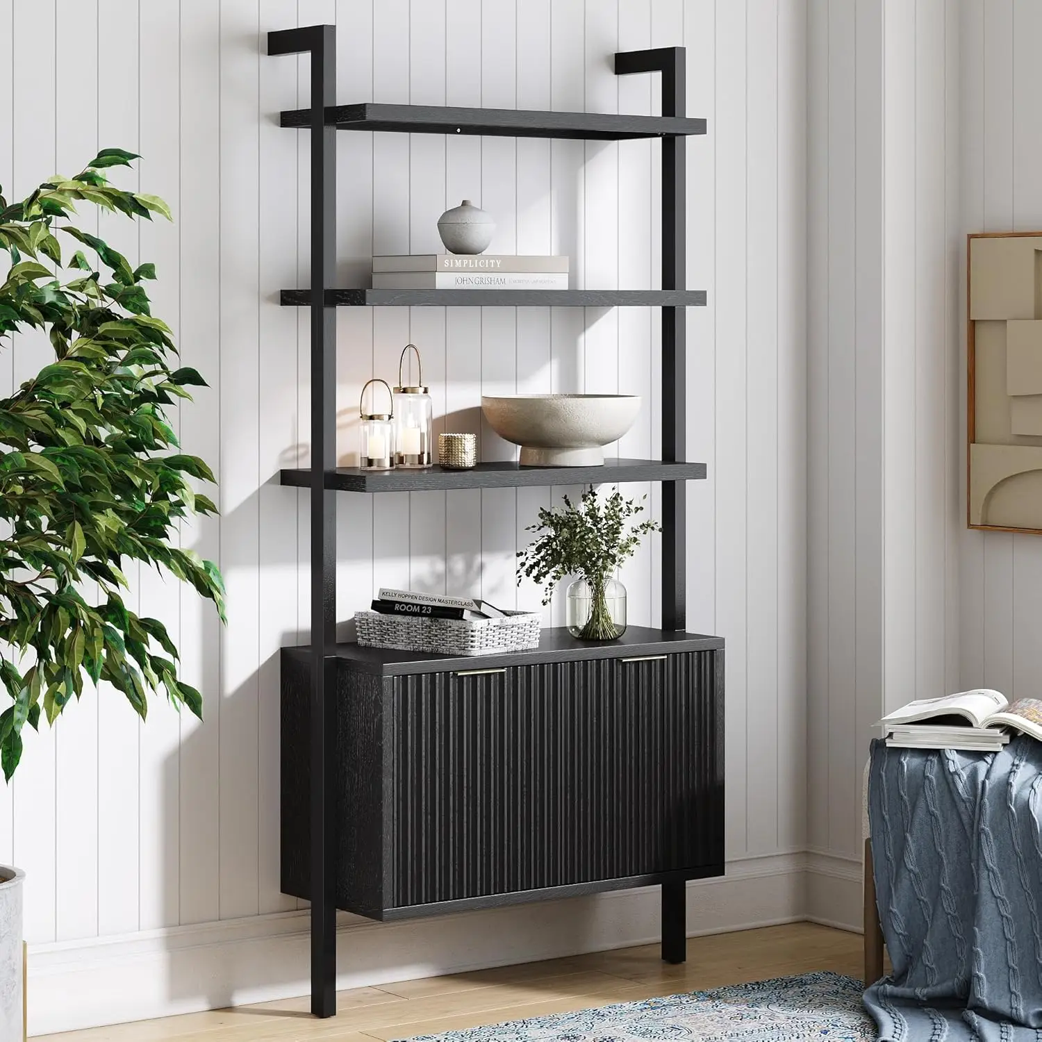 3-Shelf Solid Wood Boho Bookshelf, Wall Mounted Bookshelf with Cabinet with Fluted Doors, Black Oak