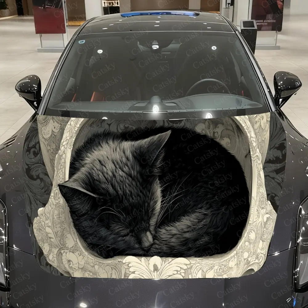 Sleeping Skull Black Cat PVC Car Hood Sticker,Waterproof Self-Adhesive Vinyl Graphics Decals,Decor Auto Accessories Stickers