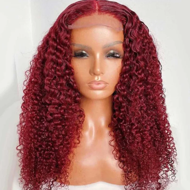 

Long Burgundy Preplucked Soft 26Inch180%Density Wine Kinky Curly Glueless Lace Front Wig For Women With Babyhair Daily Cosplay