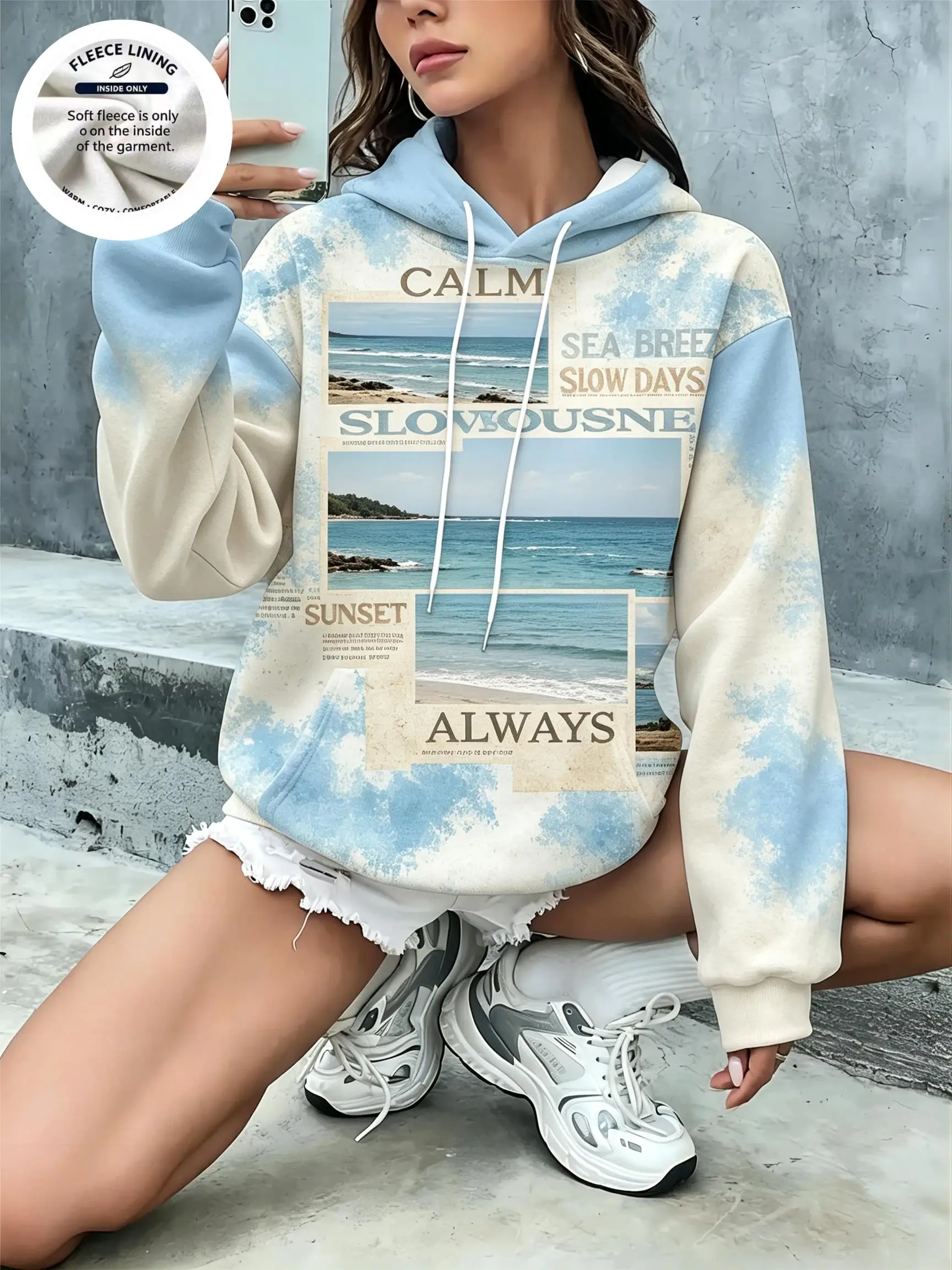 Women Fleece Lined Hoodie Vintage Newspaper Landscape Text Print Long Sleeve Gradient Color Casual Hooded Sweatshirt