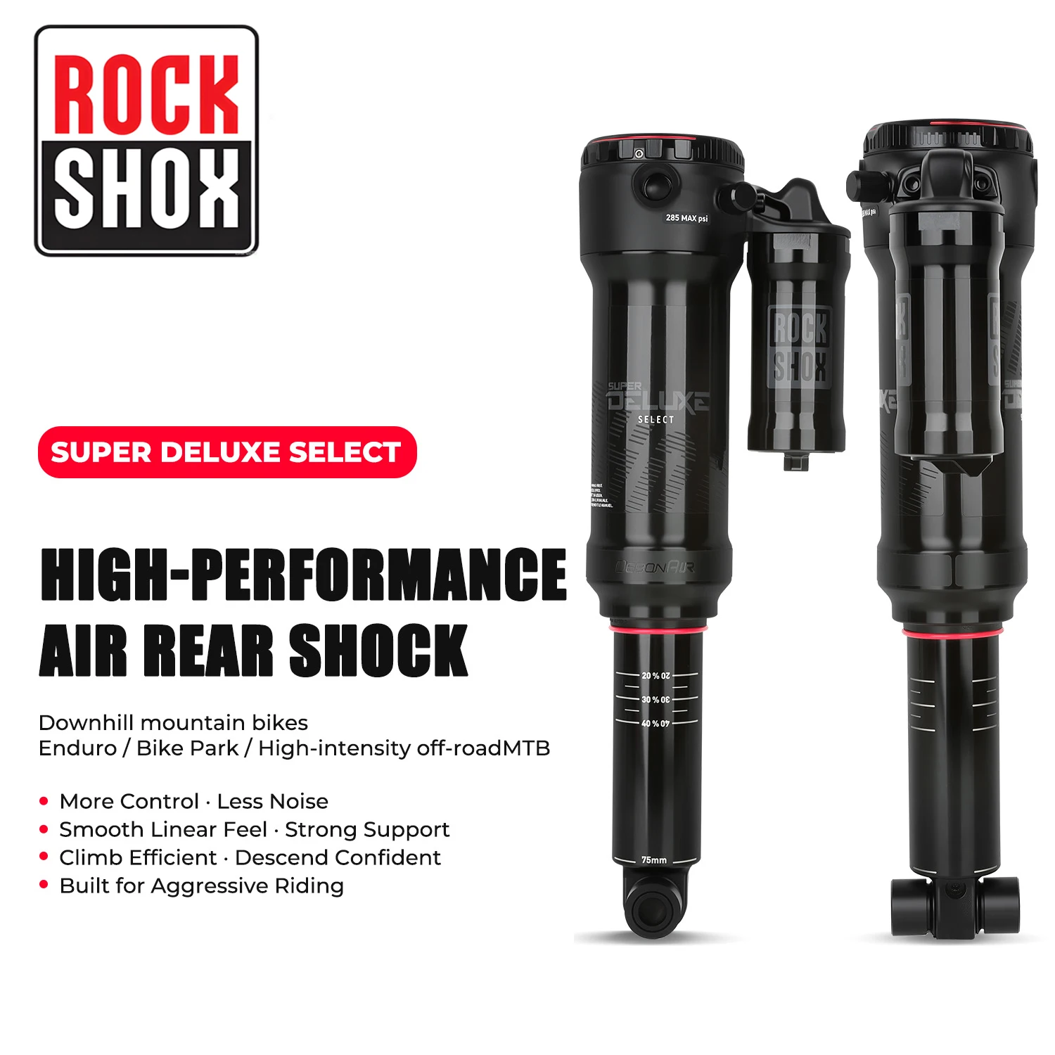 Rockshox Super Deluxe Select Fahrrad-Hinterbaudämpfer 225x75mm Max Luftdruck 285psi MTB Downhill Luftdämpfer 12,7mm Öse Zugstufe und Druckstufe