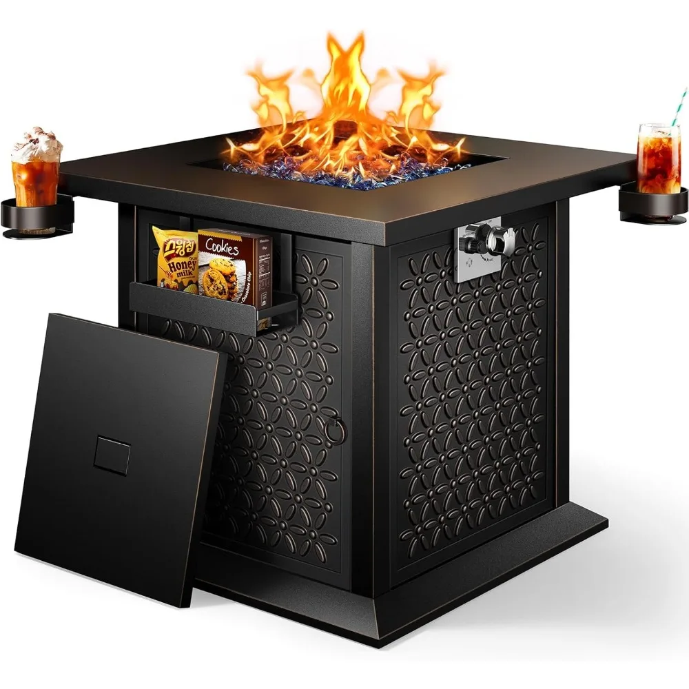 

28″ Fire Pit Table, Propane Fire Pit with Cup Holders & Hanging Shelf, 50,000 BTU Gas Fire Pit with Glass Stones