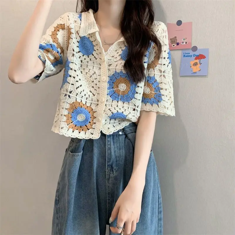 Women Vintage Kawaii Sweet Hollow Crochet Flower Chic Y2K Tops Summer Female Short Sleeve Slim Single Breasted Knitted Cardigans