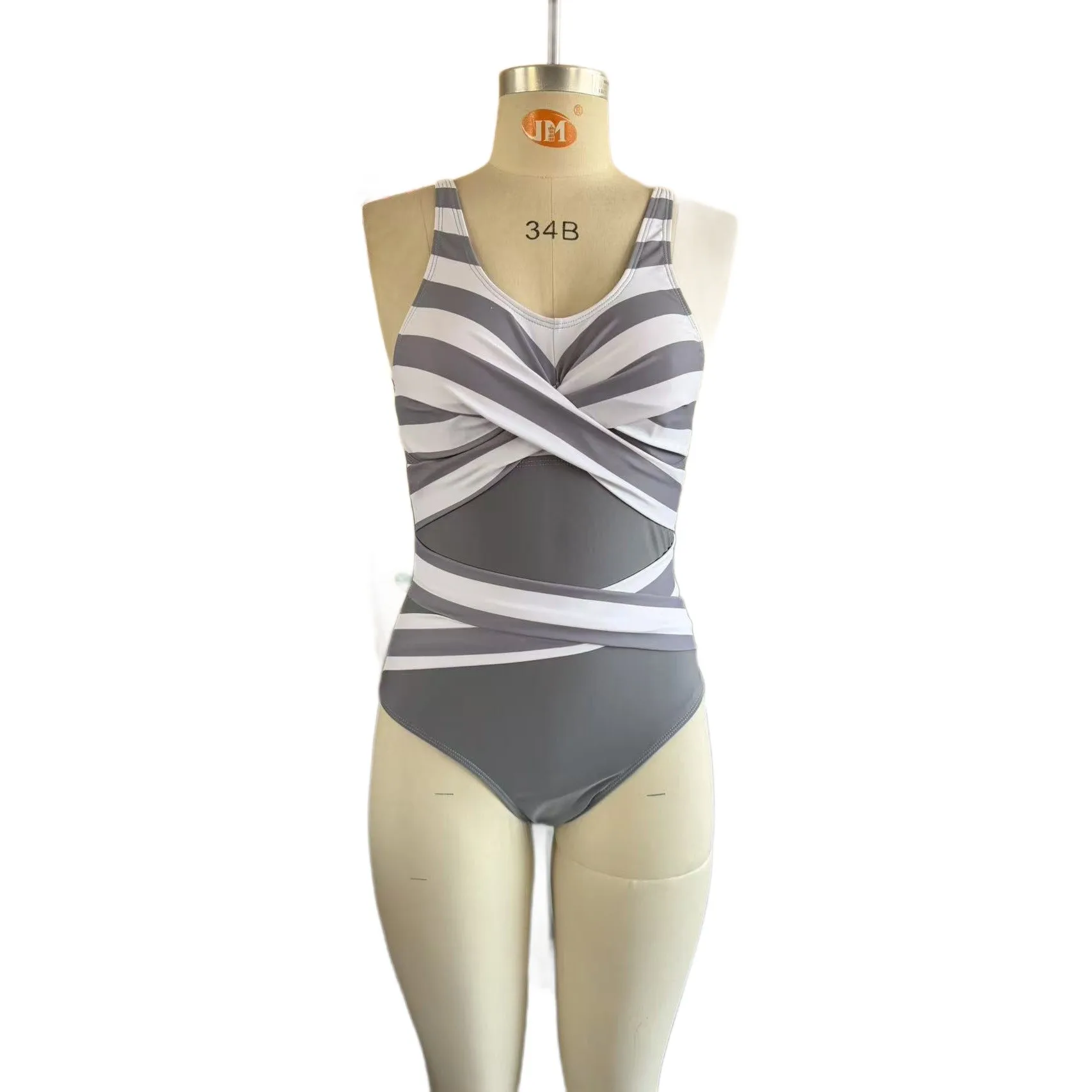 Women Swimwear Tummy Control Modest Sleeveless V Neck Swimsuit High Waist Ruched Bathing Suit Cross Front Striped