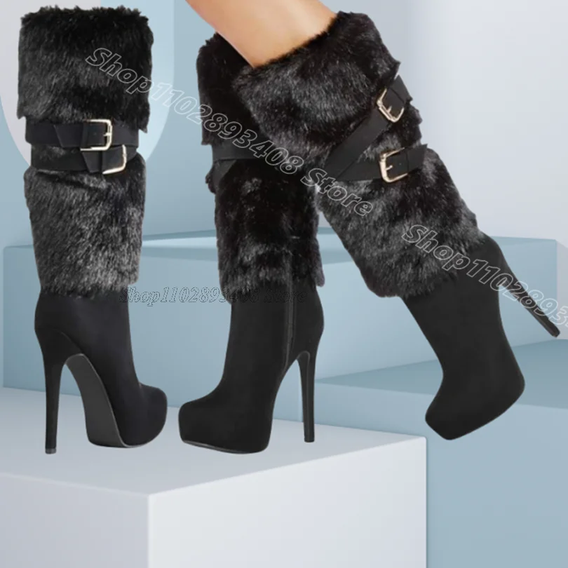 

Black Fur Decor Flock Boots Stiletto Platform Side Zipper British Style Winter Women Casual Warm Boots 2025 Zapatos Para Mujere