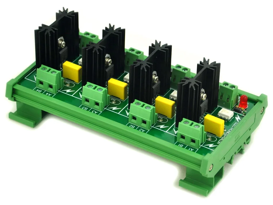 

ELECTRONICS-SALON DIN Rail Mount 4 Channel 6 Amp SSR Module Board, in 4~32VDC, out 100~240VAC.