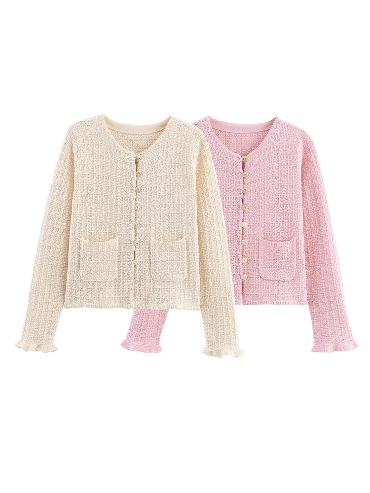 

HH Женская мода Универсальная однобортная многослойная вязаная куртка с круглым вырезом и длинными рукавами Женское элегантное повседневное пальто с карманами