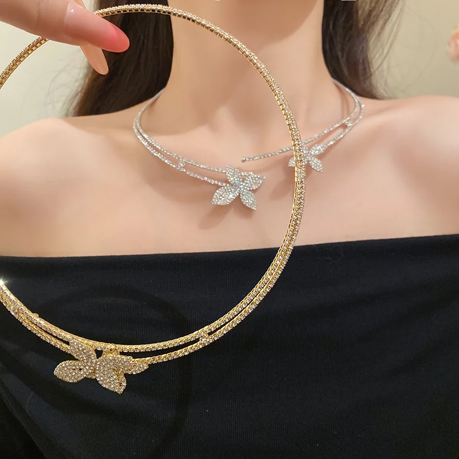 Double Row Full Rhinestones Butterfly Torques for Women Glamorous Flower Open Chokers Necklaces Punk Nightclub Wedding Jewelry K