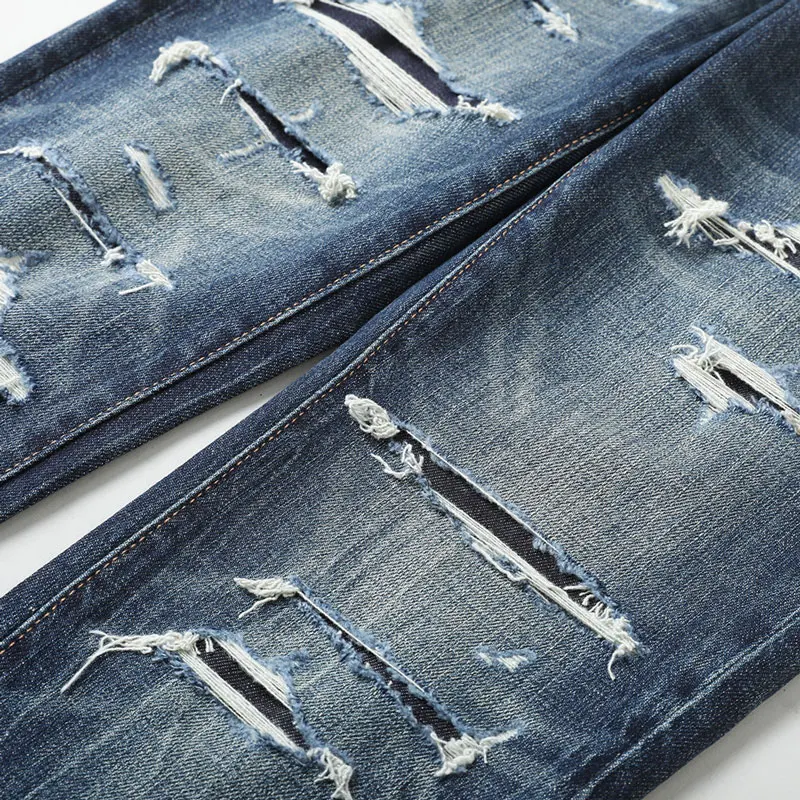 الشارع أزياء الرجال الجينز عالية الجودة خمر الأزرق تمتد سليم صالح مرقع ممزق الجينز الرجال Y2K مصمم الدنيم السراويل Hombre