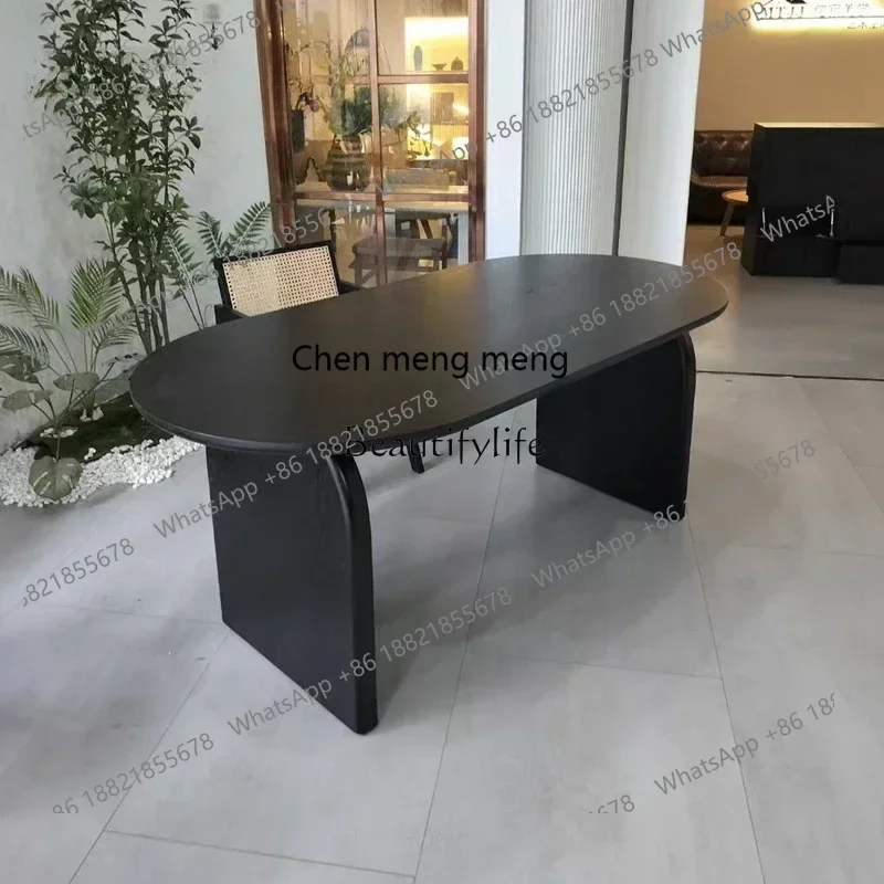 New arrive NEW Wabi Sandy Wind Black Solid Wood Dining Table Small Apartment Household Oval
