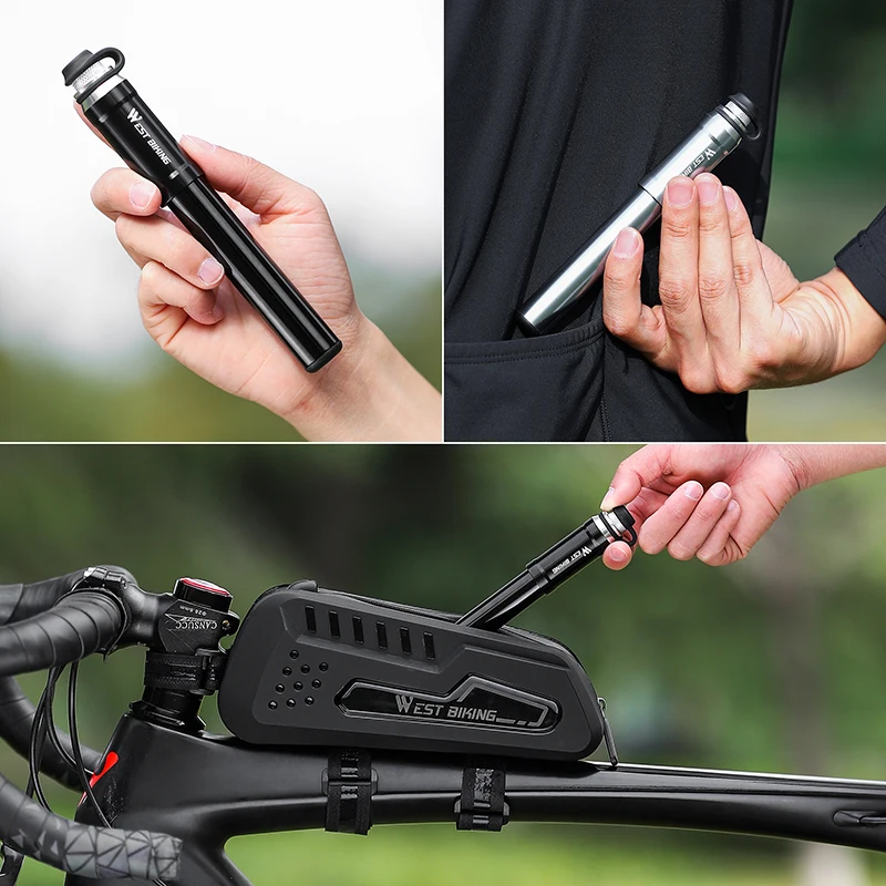 WEST BIKING pompa sepeda Mini 130PSI, pompa udara tangan ultra ringan untuk Sepeda tahan jatuh portabel bahan Aloi aluminium