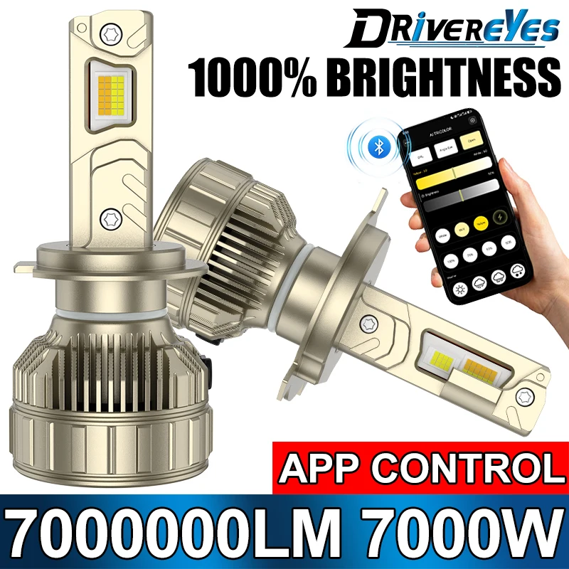 Farol LED H7 H4 com Controle por Aplicativo Móvel AI, de 3000K a 6500K, Chip LED Inteligente de Alta Potência para Acessórios Automotivos H11 H8 H1 9005 9006