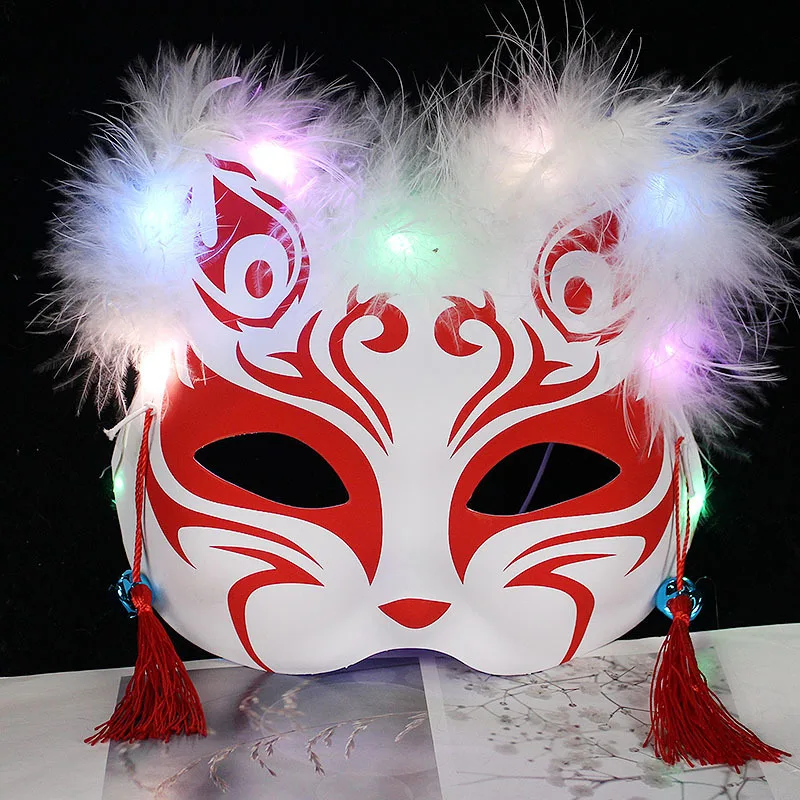 Women Feather Fox Mask Half Face Cat Anime Fox Mask Children LuminousMask Eye Mask Makeup Party Role Play Props Halloween Decor