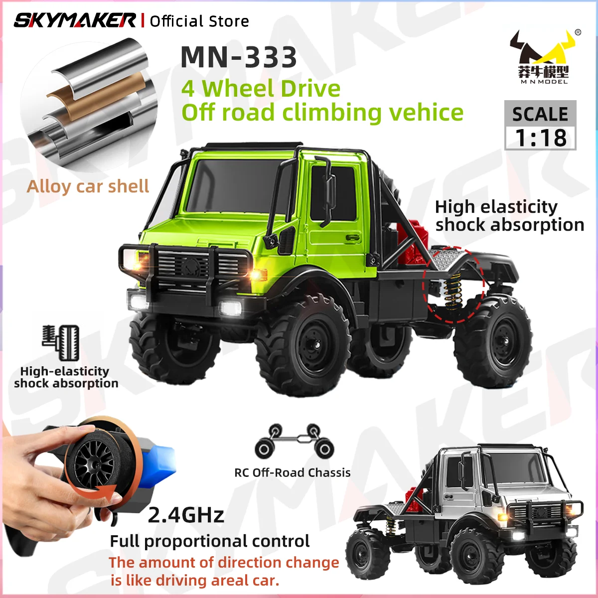 

MN333 1/18 RC Car 2.4G 4WD Full Proportional Throttle Steering Upgraded Alloy Body Controllable Headlights Toy for Boys Kid Gift