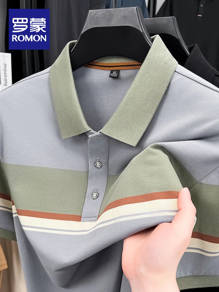 

Rn Casual irt Men's ort Sve Busin Striped Versatile f Sve Turn-down Collar Summer New Sle T-irt