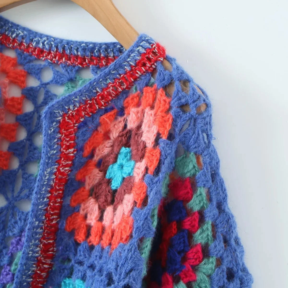 Trendy Knitted Block Pattern Sweater Cardigan Handmade Crochet Women Bohemian Cardigan Dames Autumn Blue Bobo Coats Crop Jacket