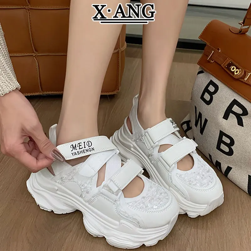 Baotou Sports Sandals Ladies 2024 Summer New Hollow Breathable Thick Sole Increase Leisure Daddy Shoes