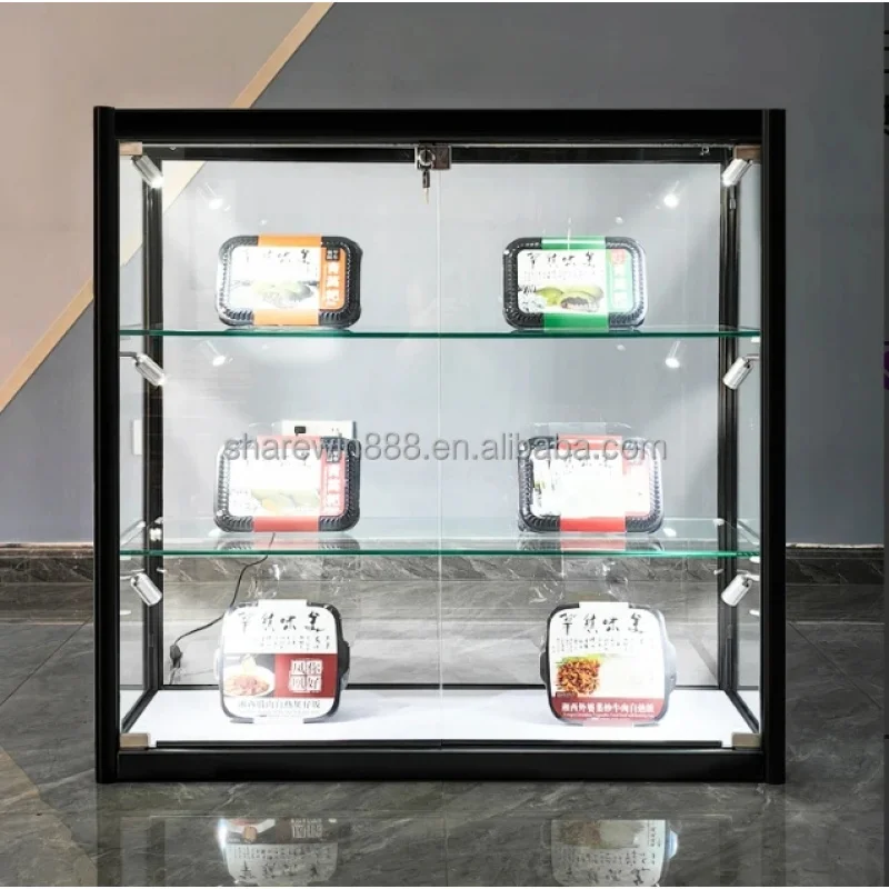 custom.70-Inch Modern Showcase with Full Aluminum Frame LED Lights Colorful Smoke Shop Display Cabinet Glass Showcase