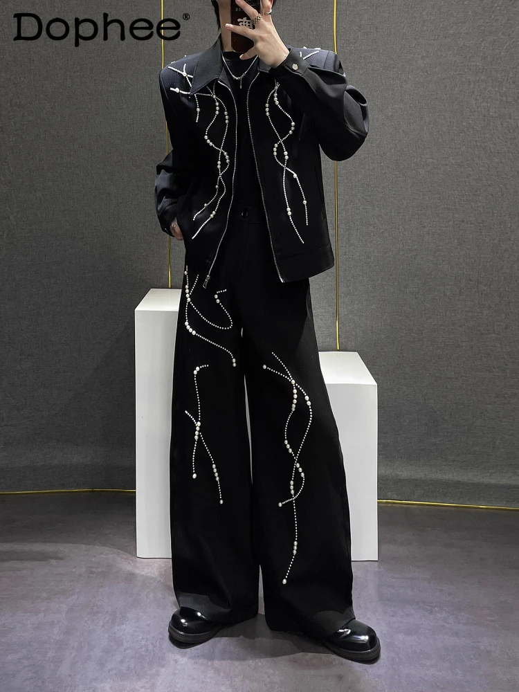 

Мужские осенние новые модные комплекты из двух предметов 2025, мужские комплекты курток с украшением из бисера, высококачественные универсальные стильные комплекты с широкими брюками