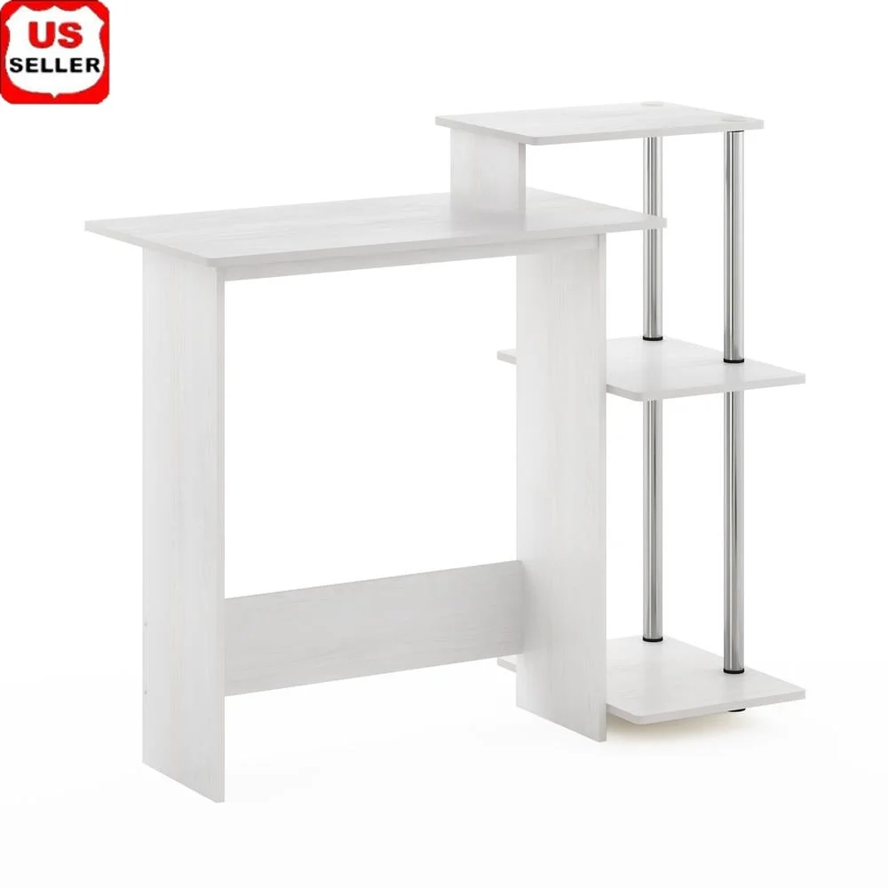 

Efficient Home Laptop Computer Desk with Three Open Shelves Durable White Oak Stainless Steel Assembly Required Ideal Any Room