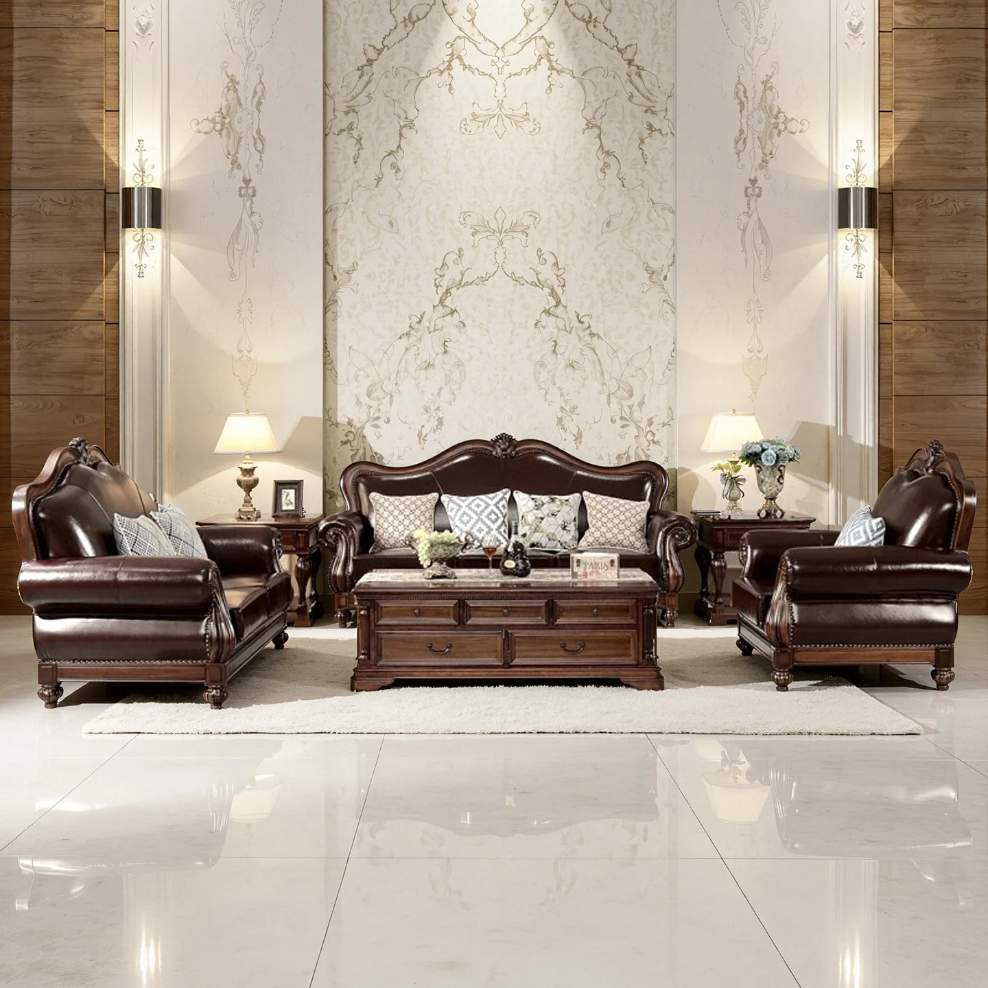 Genuine leather sofa, solid wood top-layer cowhide sofa, villa living room leather sofa set N460