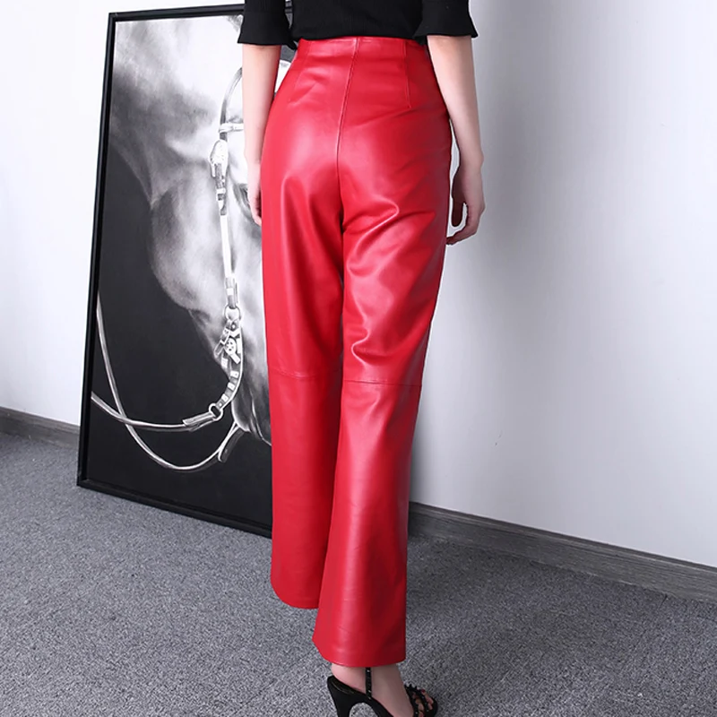 Genuine Leather Pants Women\'s 2022 Winter Ton Sheepskin High Waist Double-Breasted Wide Leg Straight Trousers Baggy Pantalones