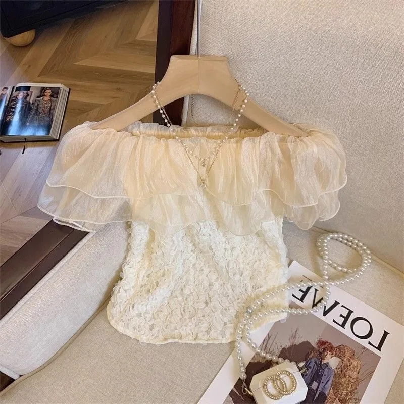 2026 New Women's French Style Sweet Sexy Lace Blouse Off Shoulder Ruffle Trim Asymmetric Crop Top Casual Fashion Shirt