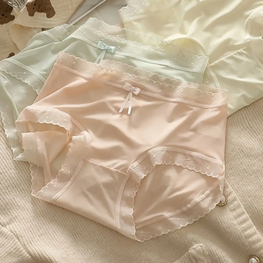 

5PCS Bow Ice Silk Panties Mid Waist Cotton Crotch Mesh Transparent Briefs Underpants Seamless Underwear for Women Gifts