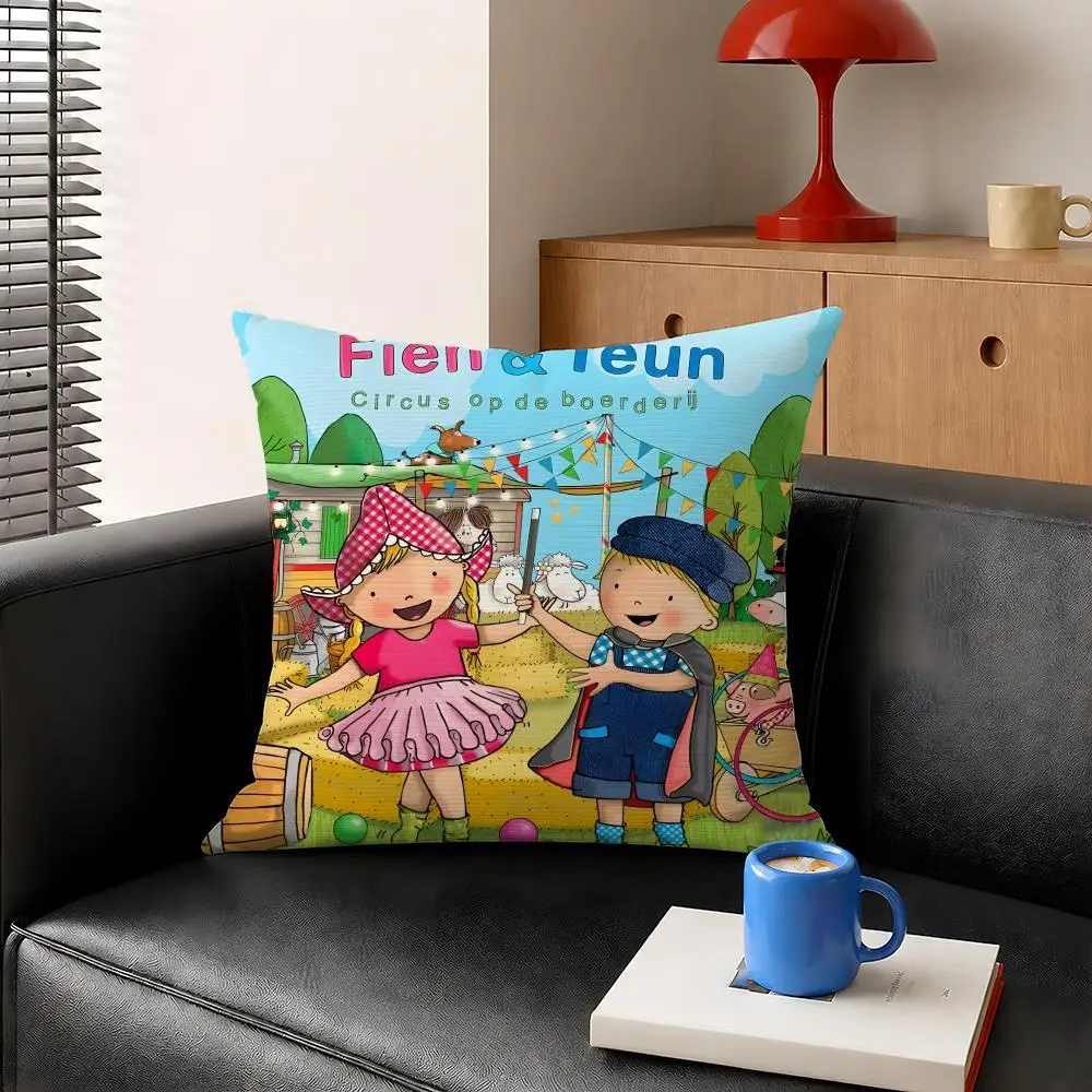 Cartoon Fien And Teun Dutch Series Cushion Cover Decorative Pillowcase Soft Short Plush Cozy Durable Sofa Home Decor Items Gift
