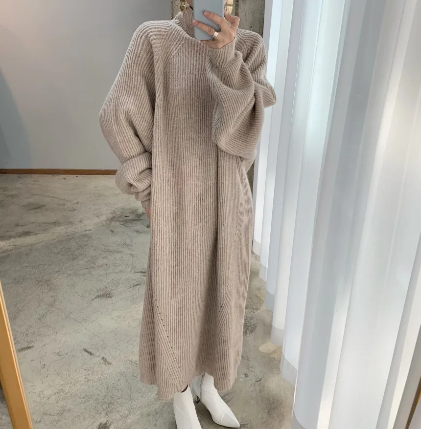 

Solid Knitting Casual Sweater Dresses Women's Autumn Winter New Loose Fashion Office Ladies High Neck Long Dress Simplicity Chic