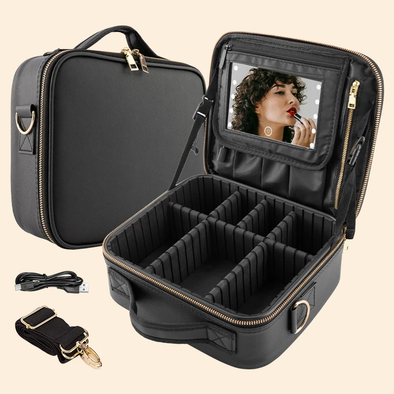 10 LED Portable Makeup Mirror - 1500mAh Rechargeable, 6000K Daylight, ABS Glass & Waterproof (Black)