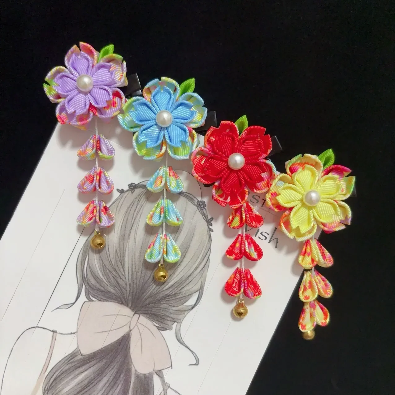 Japanese Kimono Handmade Fabric Flower Hair Accessories Clip Tassel Headwea Headdress Barrette Yukata Festvial Deco