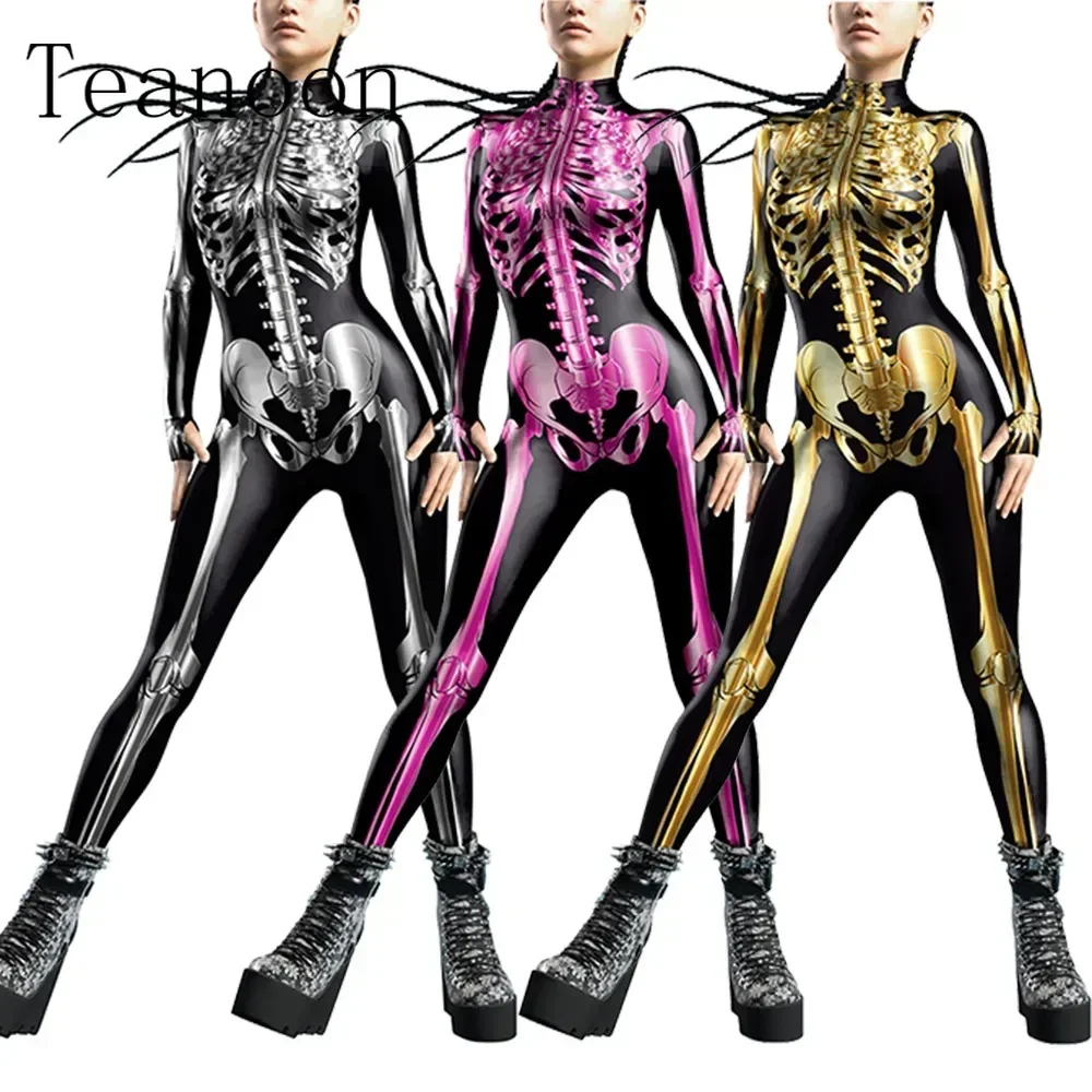 Teanoon Skeleton Catsuit Men Women Jumpsuit Halloween Costume Carnival Zentai Bodysuit Scary Party Outfit Purim Clothes