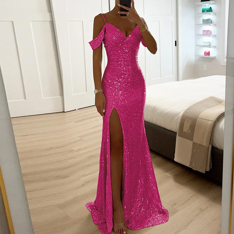 Ladies Fashion V Neck Shiny Sequin Party Dress Elegant Wrap Chest Slim Long Dress 2024 Casual Solid Color Split Evening Dresses