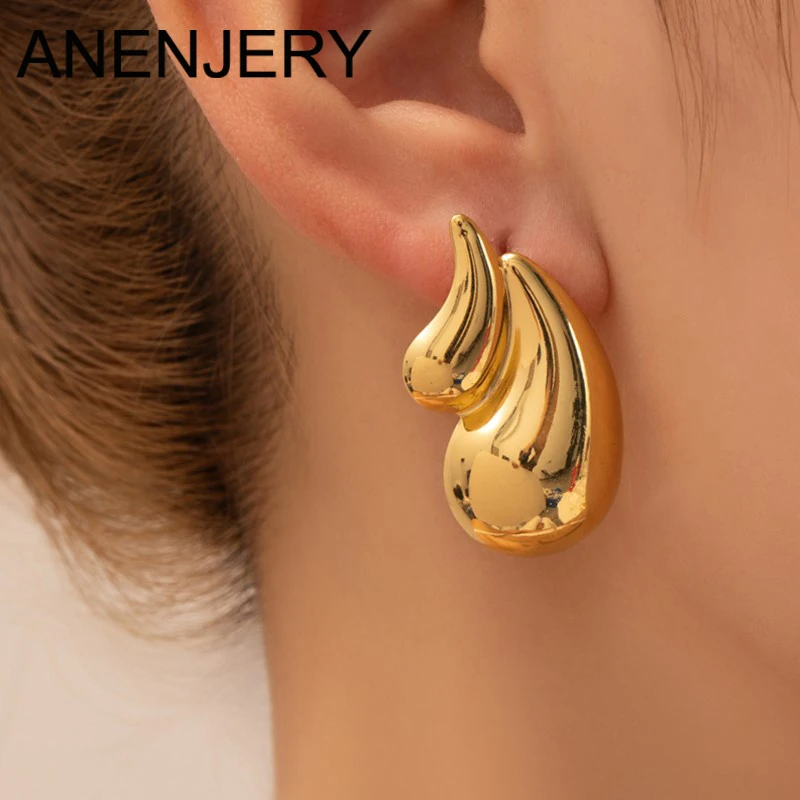 ANENJERY 316L Stainless Steel Water Drop Shell Square Geometric Women's Stud Earrings Exquisite Sweet Temperament Big Earrings