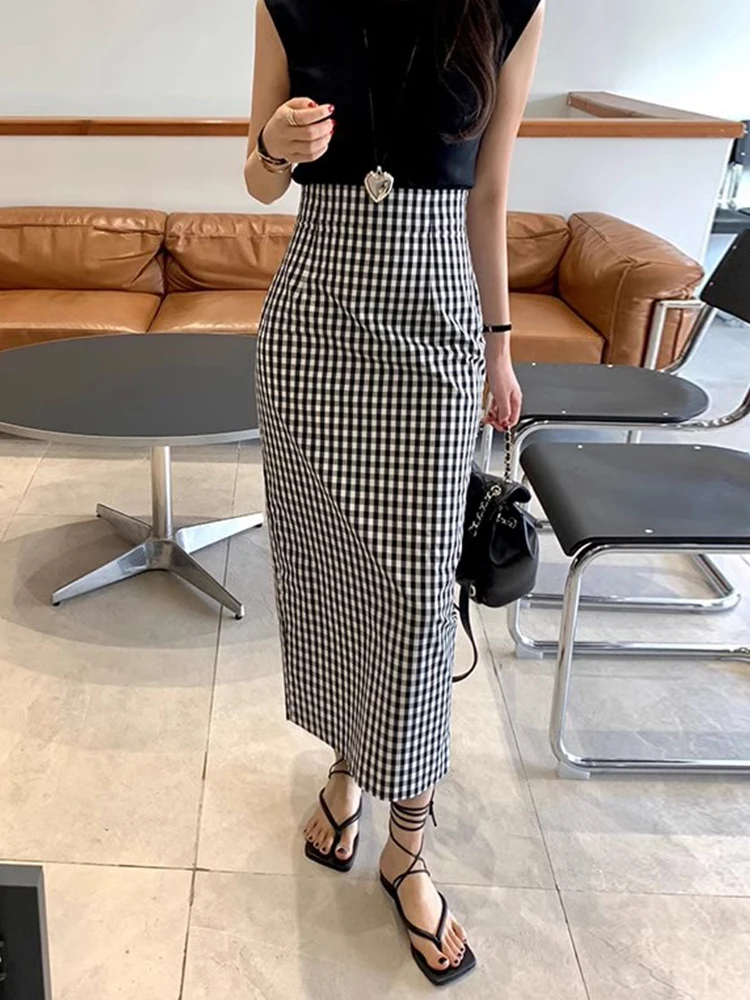 Gonna scozzese retrò Estate da donna Nuovo design coreano Vita alta Gonna avvolgente dimagrante Gonna di cotone a trapezio di media lunghezza