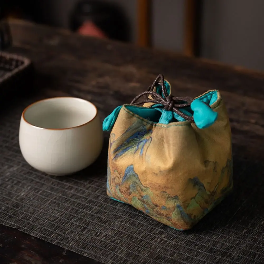 Estilo chinês Teacup Drawstring Pano Bolsa, saco de armazenamento Teaware, bolsa portátil multifuncional, impresso, à prova de ruptura