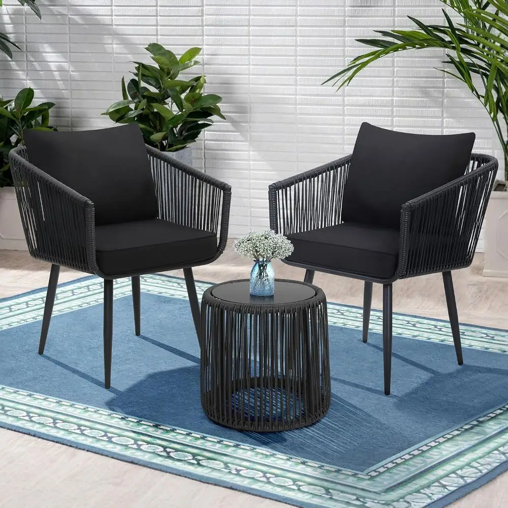 3-Piece Patio Rattan Bistro Contion Set, Black | Outdoor All-Weather Wicker urniture Chairs and Side Table Set, Ideal or Balcony