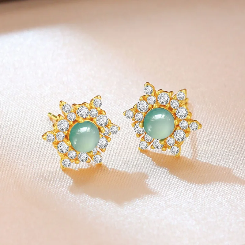 

New 24k Gold-Plated New Earrings Jade Blue Green Jade Six-Pointed Star Snow Earrings Luxury Jewelry For Women