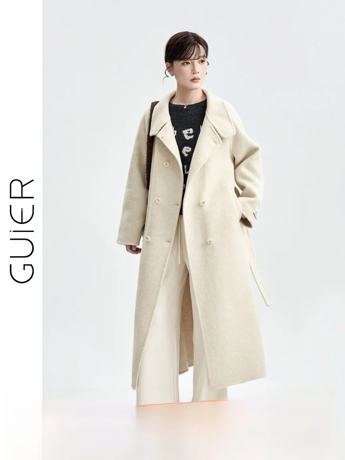 

Guier Double-Sided Woolen Coat Stand Collar Long Women's Winter High-End Outerwear Double-Breasted Pure Color Loose Fit