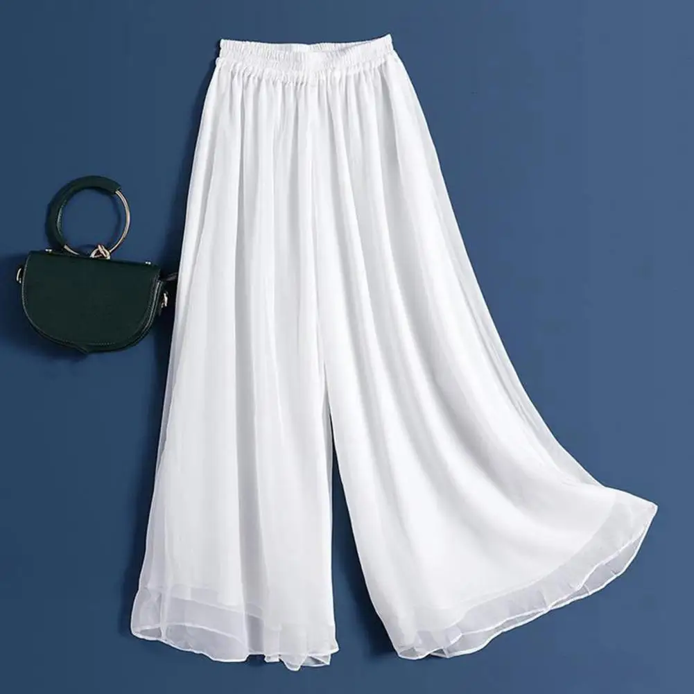 

Double-layered Trousers Elastic High Waist Women's Dance Pants Wide Leg Trousers for Vacation Travel Loose Fit Solid Color Long
