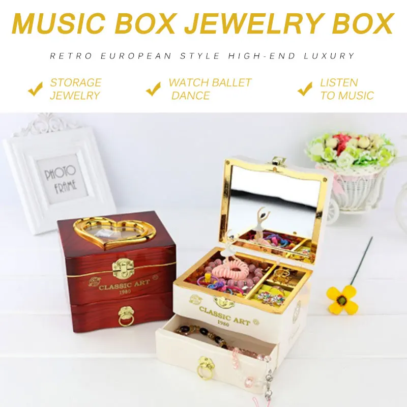 Dancing Ballerina Music Box For Kid Retro Craft Engraved Wooden Jewelry Storage Organizer With Mirror Great  Gift For Birthday